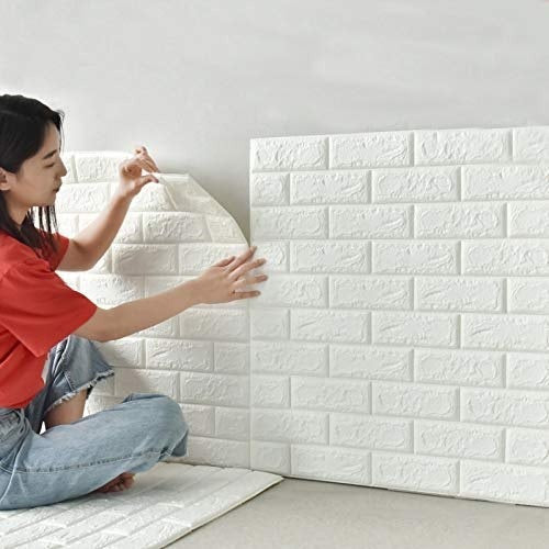 3D Wall Panel Sticker – 70x77cm (5.6 Sq.Ft) | White color Faux Brick Wallpaper | Waterproof Self-Adhesive Wall Decor for Bedroom, Living Room, Home
