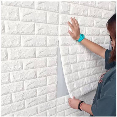 3D Wall Panel Sticker – 70x77cm (5.6 Sq.Ft) | White color Faux Brick Wallpaper | Waterproof Self-Adhesive Wall Decor for Bedroom, Living Room, Home