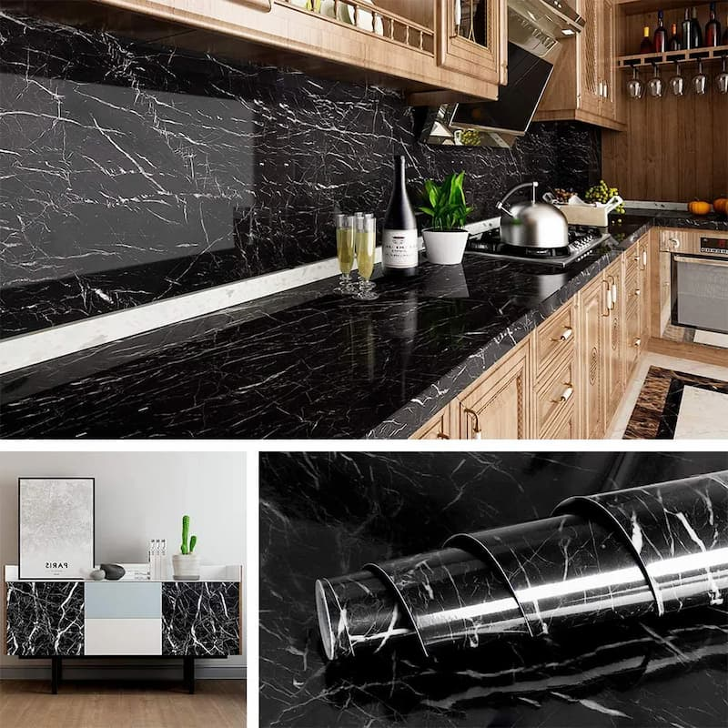 Self-Adhesive Kitchen Marble Sheet- Waterproof Heat Resistant Sheet for Living Room, Bathroom, Kitchen Countertops, Wall â€“ Anti Oil And Heat Resistant Wallpaper Black Sheet ( 60 x 200 Cm )