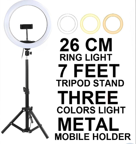 26CM LED Ring Light with Mobile Holder, 7ft Tripod Stand, 3 Light Colors, Dimmable USB Selfie Ring Light for Videography and Photography