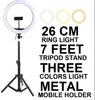 26CM LED Ring Light with Mobile Holder, 7ft Tripod Stand, 3 Light Colors, Dimmable USB Selfie Ring Light for Videography and Photography